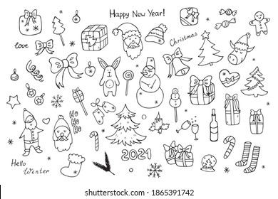 vector set of hand-drawn Christmas elements. Santa Claus, gift, Christmas tree, mittens, hat, candle, bell, snowman, champagne, Lollipop, candy, snowflakes, socks. Doodle icon, sticker, print, sketch