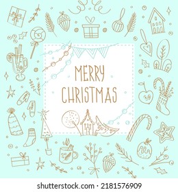 Vector set of hand-drawn Christmas elements. Star, candy cane, house, toys, branches and other decorations in doodle style. New Year mood with cute winter decor. 