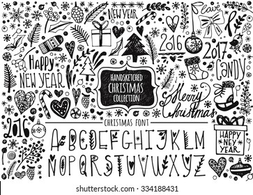 Vector set of hand-drawn Christmas elements and Christmas Alphabet. Set of Ornamental Christmas Style Elements. Spruce branches, boots, snowflakes, hearts, snow and Christmas letters.