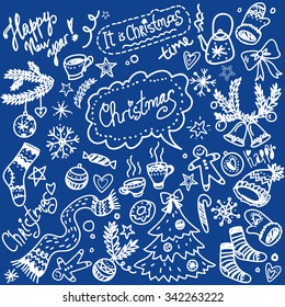 Vector set of hand-drawn Christmas elements on the dark blue background. Branches, boots, snowflake, hearts, sweets.