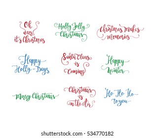 Vector set of handdrawn Christmas lettering. Unique calligraphy Xmas vector illustrations.