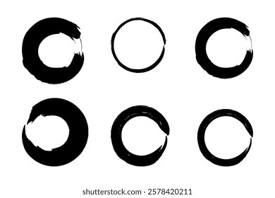 Vector set of hand-drawn circle brush stroke stamp frames. Abstract circular logo design element with rough edges.