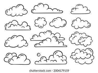 Vector set of hand-drawn clouds. Hand-drawn, doodle elements isolated on white background.