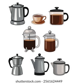 Vector Set of Hand-Drawn Coffee Cups and Kettles