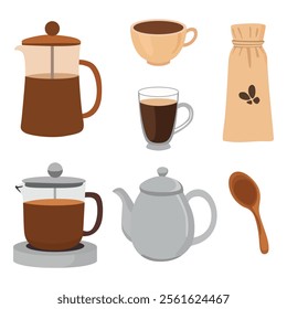 Vector Set of Hand-Drawn Coffee Cups and Kettles