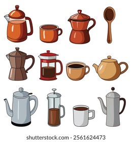 Vector Set of Hand-Drawn Coffee Cups and Kettles