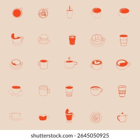 Vector set of hand-drawn coffee cups and mugs in various styles. Includes latte art, to-go cups, espresso, cappuccino, hot drinks, and iced coffee. Minimal line icons for café menus, branding