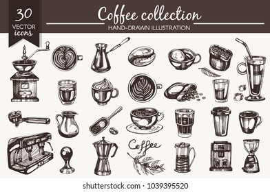 Vector set with hand-drawn coffee icons