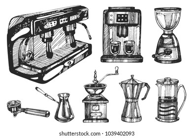 Vector set with hand-drawn coffee machine