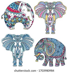 vector set of hand-drawn color tattoo doodles with decorated Indian Elephant