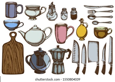 Vector set of hand-drawn colored Chef's knives, teaspoon, spoon, fork, knife, cutting board, bottle of oil, teapots, coffee pot, cups, sugar bowl, pepper shaker and salt shaker