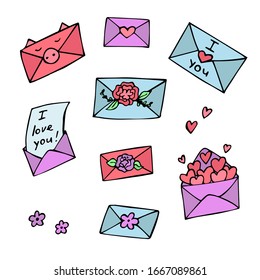 vector set of hand-drawn colored doodle mail envelopes isolated on a white background. cute pig envelope, a letter with a declaration of love with hearts and flowers. cute post mails.