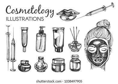 Vector set with hand-drawn cosmetology items