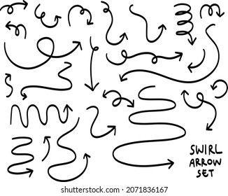 Vector set of hand-drawn curved arrows. Doodle sketch style. Swirl Arrow Set. Collection of pointers. Arrow for Presentations