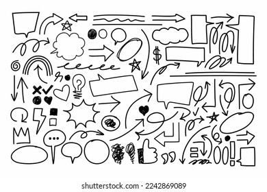 Vector set of hand-drawn cute cartoony expression sign doodle line stroke. movement drawing, curve directional arrows, emoticon effects design elements, cartoon character emotion symbols,