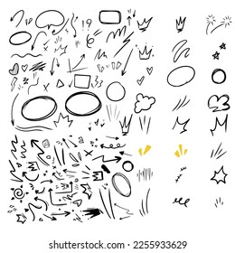 conjunto vectorial de dibujos a mano linda expresión de caricatura seña línea de doodle efectos strokeemoticono elementos de diseño, símbolos de emoción de personajes de dibujos animados,