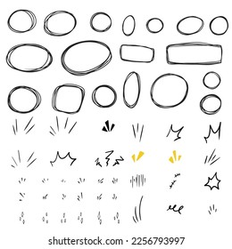 conjunto vectorial de dibujos a mano linda expresión de caricatura seña línea de doodle efectos strokeemoticono elementos de diseño, símbolos de emoción de personajes de dibujos animados,