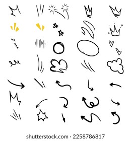 Vector set of hand-drawn cute cartoony expression sign doodle line strokeemoticon effects design elements, cartoon character emotion symbols,