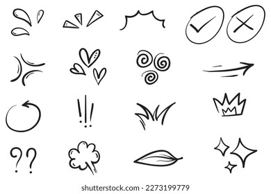 Vector set of hand-drawn cute cartoony expression sign doodle line stroke. movement drawing, curve directional arrows, emoticon effects design elements, cartoon character emotion symbols,