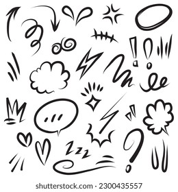 Vector set of hand-drawn cute cartoony expression sign doodle line stroke. movement drawing, curve directional arrows, emoticon effects design elements, cartoon character emotion symbols,