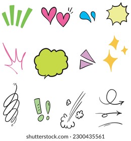 Vector set of hand-drawn cute cartoony expression sign doodle line stroke. movement drawing, curve directional arrows, emoticon effects design elements, cartoon character emotion symbols,