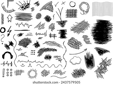 Vector set of hand-drawn design elements - textures lines, circles, symbols and patterns