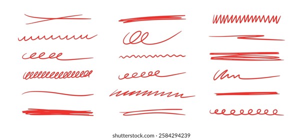 Vector set of hand-drawn doodle brush elements. Colored line sketches, underlines, marker strokes and emphasis for design.