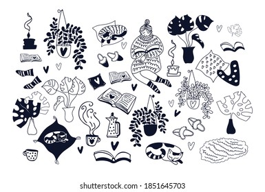 Vector set of hand-drawn doodle cozy home activities, hobbies, reading books, tea drinking, indoor plants, hygge mood. Outline drawing isolated on white background. Stay home.
