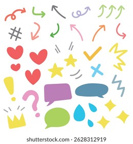Vector set of hand-drawn doodle elements including arrows, speech bubbles, hearts, question marks, and exclamation marks. Ideal for design accents and creative projects.