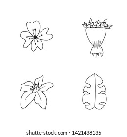 Vector set of handdrawn doodle flowers and leaves. Handdrawn elements, flowers, leaves.