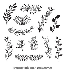 Vector set of handdrawn doodle frames and borders. Handdrawn elements, flowers, branches, swashes and flourishes.
