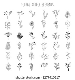 Vector set of handdrawn doodle frames and borders. Handdrawn elements, flowers, branches, swashes and flourishes.