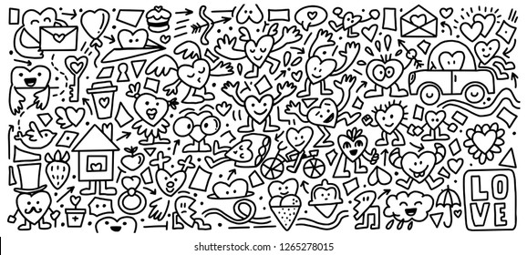 Vector set of hand-drawn doodle Heart characters, cute cartoon Love symbols for Valentine's day Holiday design. Vector illustration. Black Linear style. Emotions, actions, pattern