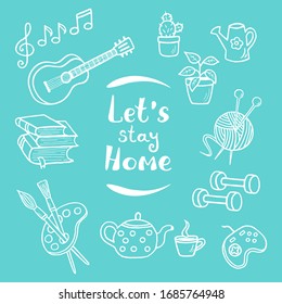 Vector set of hand-drawn doodle home activities, hobbies: drawing, knitting, guitar, indoor plants, books and reading, tea drinking, board games, white outline on a green background. Stay home
