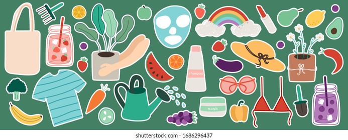 Vector set of hand-drawn doodle home activities, hobbies: self care, eat healthy food, gardening, indoor plants. Slogan: Stay home. Vector illustration