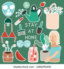 Vector set of hand-drawn doodle home activities, hobbies: self care, eat healthy food, gardening, indoor plants. Slogan: Stay home. Vector illustration