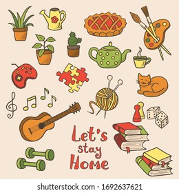 Vector set of hand-drawn doodle home activities, hobbies: drawing, knitting, guitar, indoor plants, books and reading, tea drinking, board games. Stay home