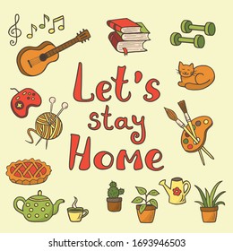 Vector set of hand-drawn doodle home activities, hobbies: drawing, knitting, guitar, indoor plants, books and reading, tea drinking, board games. Stay home