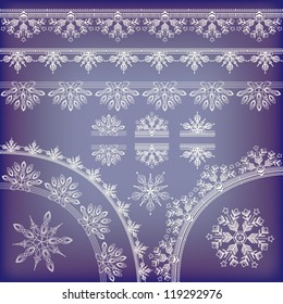 Vector set of hand-drawn elegant lace made of snowflake elements