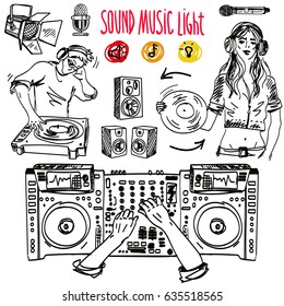 Vector set of hand-drawn elements for event. Spotlight, people, sound, turntable, microphone. Disc jockey in headphones playing music on turntable. Sketch.
