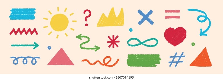 A vector set of hand-drawn vector elements featuring crayon, pencil, and chalk textures, including scribbled pastel brush strokes. Kid-inspired shapes such as a square, or arrow. Crayon pencil style.