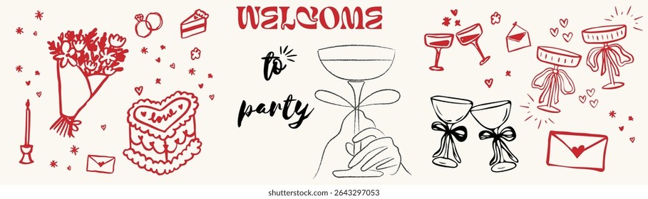vector set of hand-drawn elements for parties and celebrations, featuring whimsical line art illustrations of cakes, balloons, gifts, champagne glasses, and festive decorations. The "Welcome to party"