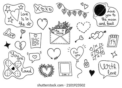 Vector set of hand-drawn elements for valentine's day or wedding day. Set of the symbols of love, popular love phrases. Hearts, text, catchwords and other elements. Illustration for cover, sticker