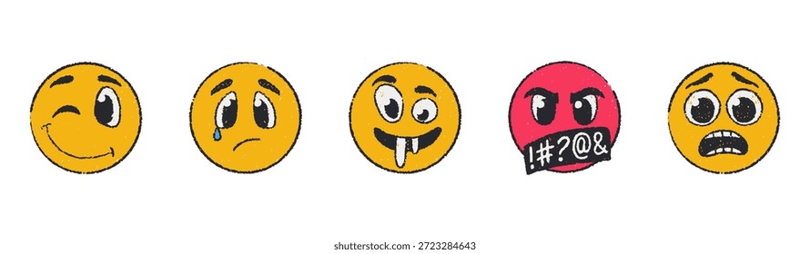 Vector set of hand-drawn emoji faces. Doodle crayon emoticons with smiling, playful, angry, sad and wonder expressions. Cartoon round characters in a simple comic style. Vector grunge chalk texture