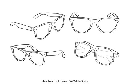 Vector set of hand-drawn eyeglass frames. Black and white outline illustrations of optical and sunglasses frames. Ideal for coloring books, fashion design, and branding projects.