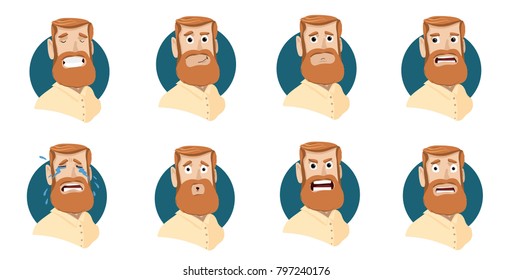 vector set of hand-drawn faces with different emotions. ginger man with beard