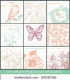 vector set of hand-drawn floral cards and seamless patterns