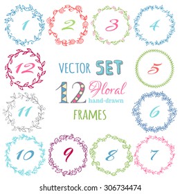 Vector set of hand-drawn floral frames. Doodles circle frames isolated on white background.  There is place for text in the center of frame.