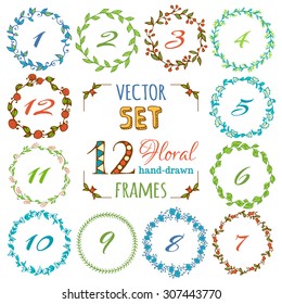 Vector set of hand-drawn floral frames. Doodles circle frames isolated on white background.  There is place for text in the center of frame. Can be used for birthday cards and wedding invitations. 