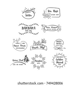 Vector set of handdrawn floral logos. Hand drawn spring collection with typographic design elements. 